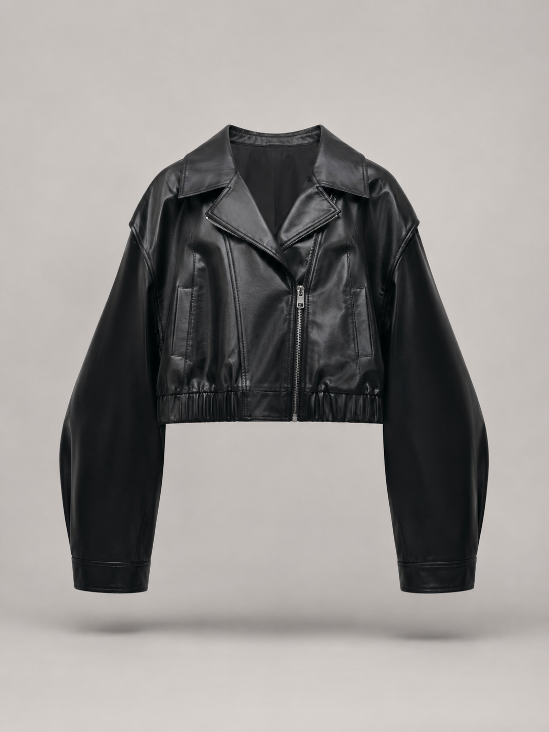 Short Synthetic Leather Biker Jacket with Zip for Women