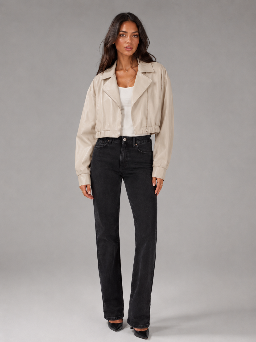 Short Synthetic Leather Biker Jacket with Zip for Women