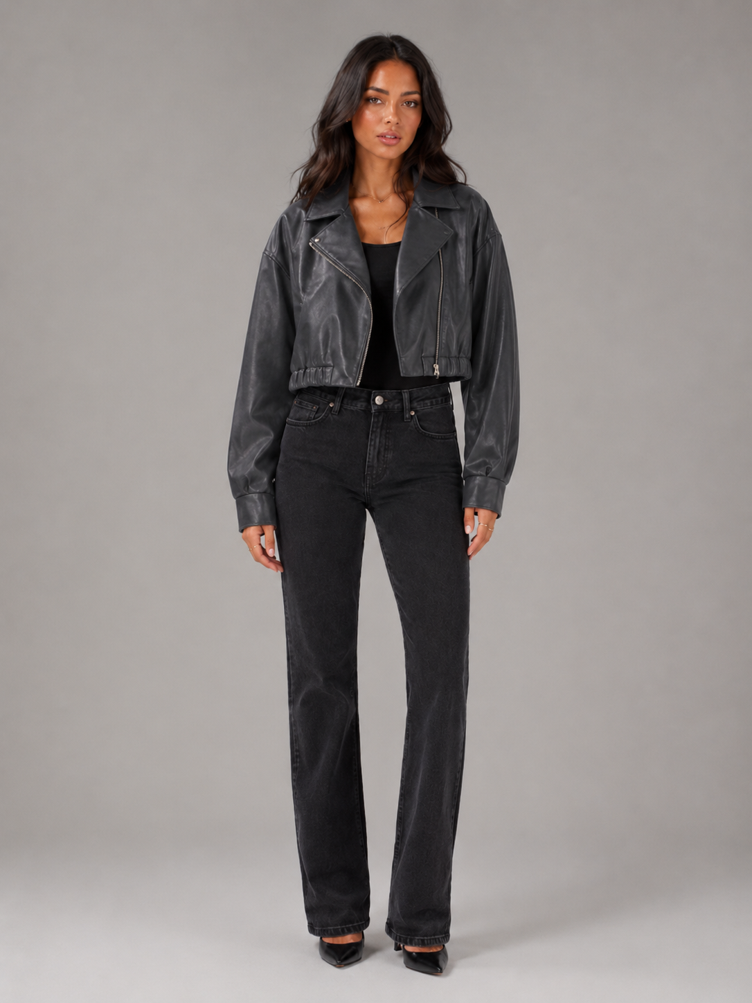 Short Synthetic Leather Biker Jacket with Zip for Women