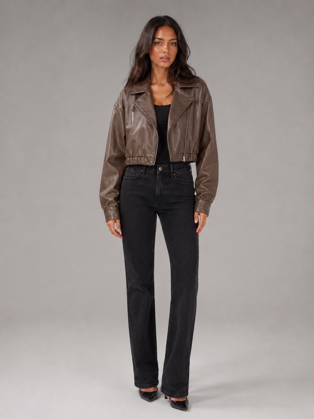 Short Synthetic Leather Biker Jacket with Zip for Women