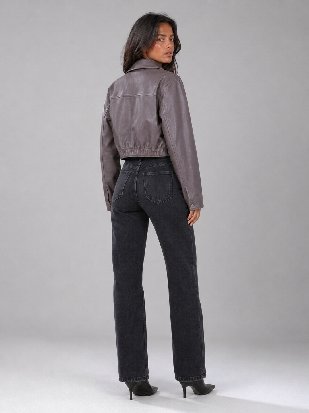 Washed Synthetic Leather Short Trucker Jacket for Women