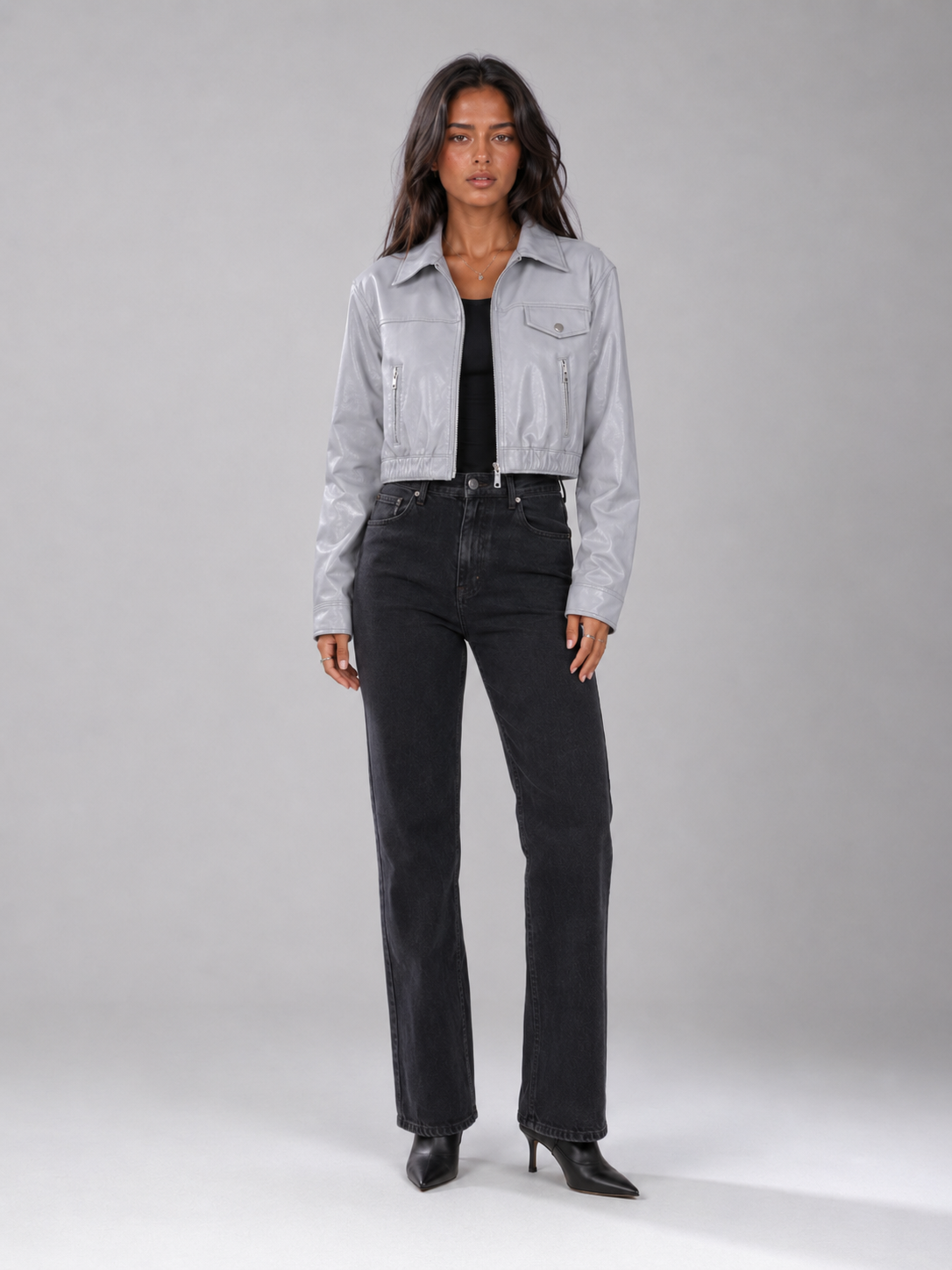Washed Synthetic Leather Short Trucker Jacket for Women