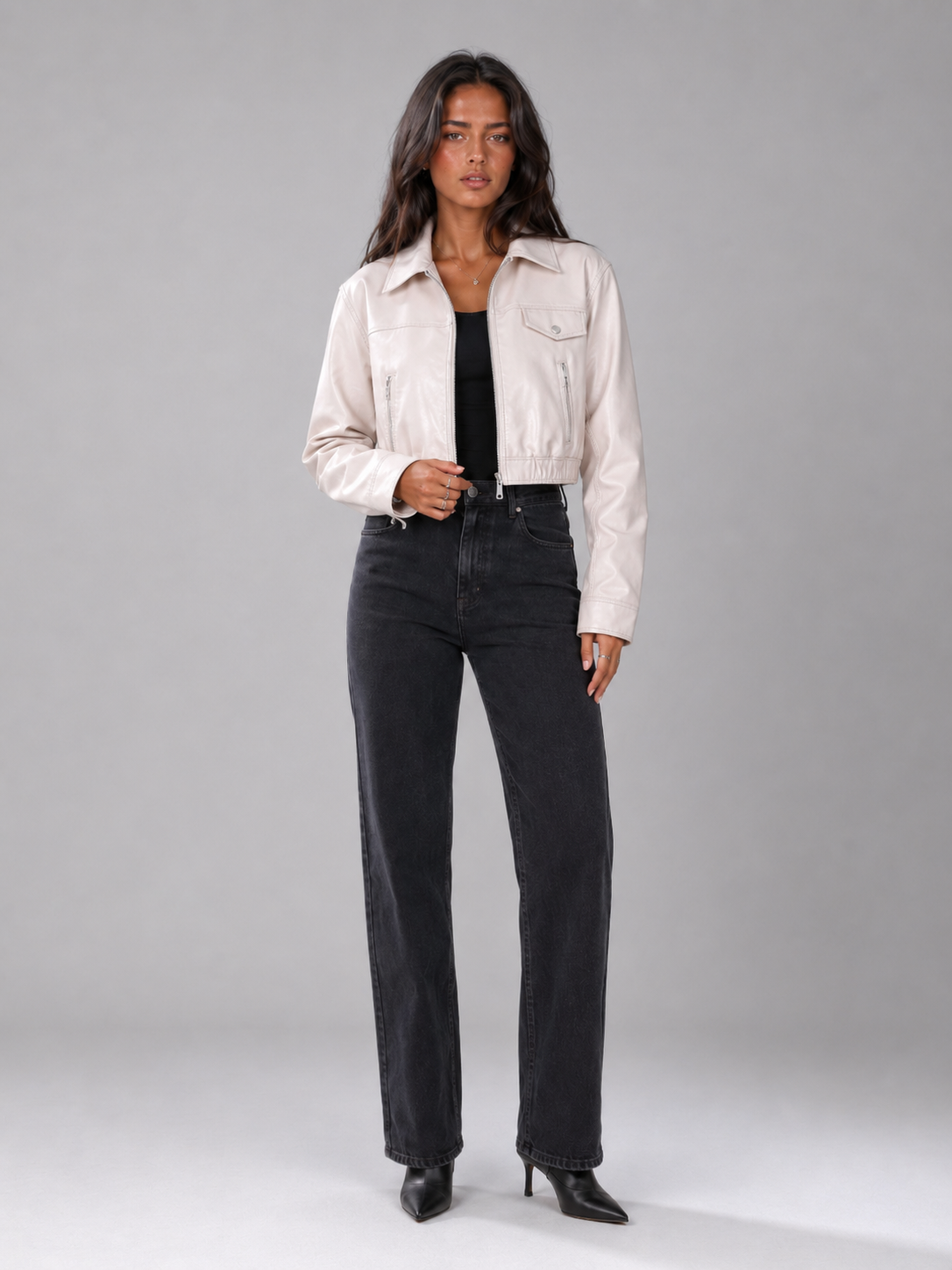 Washed Synthetic Leather Short Trucker Jacket for Women