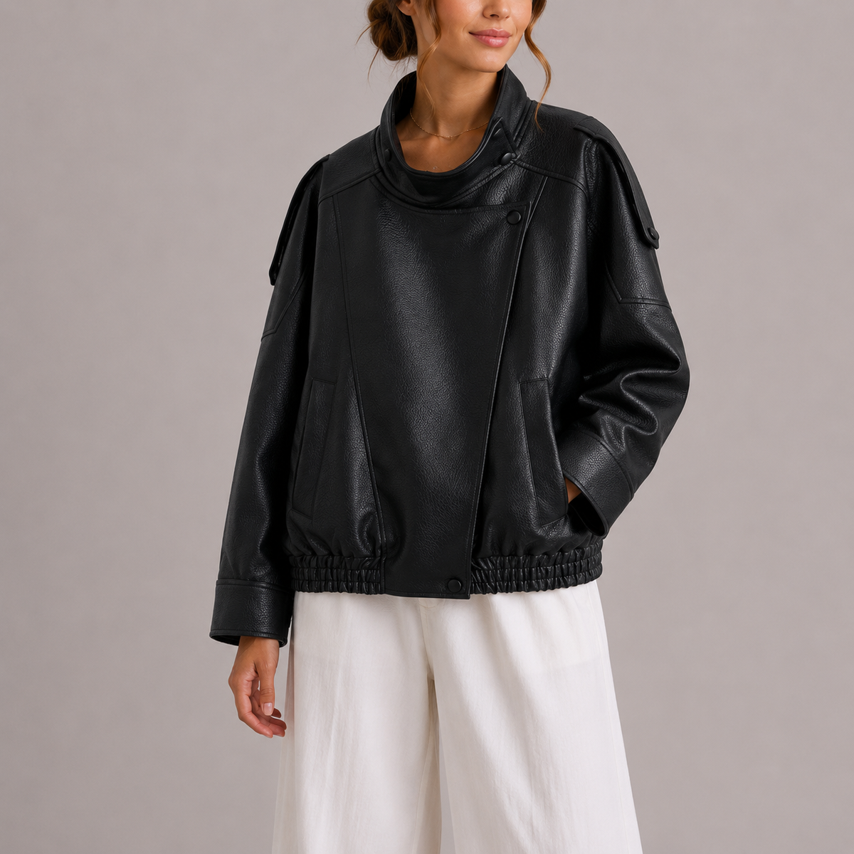 Women's High Collar Faux Leather Bomber Jacket