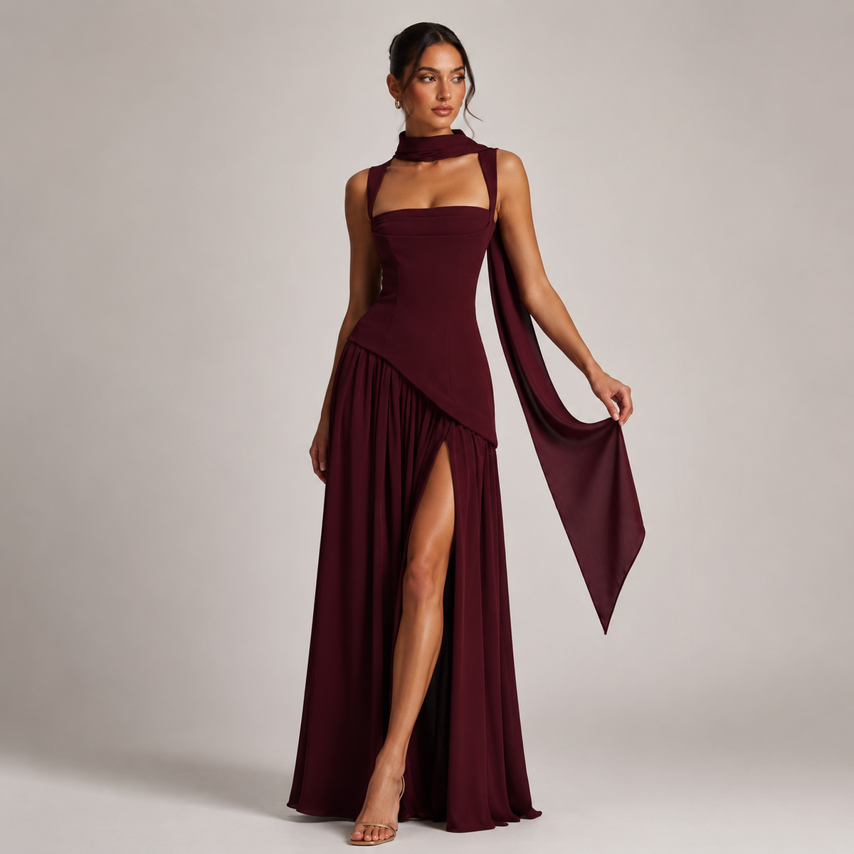 Women's Satin-Look Maxi Dress – Draped Skirt & Side Slit