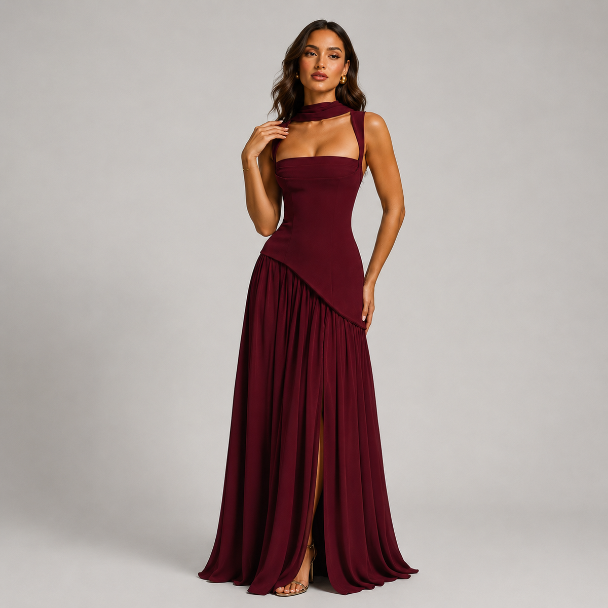 Women's Satin-Look Maxi Dress – Draped Skirt & Side Slit
