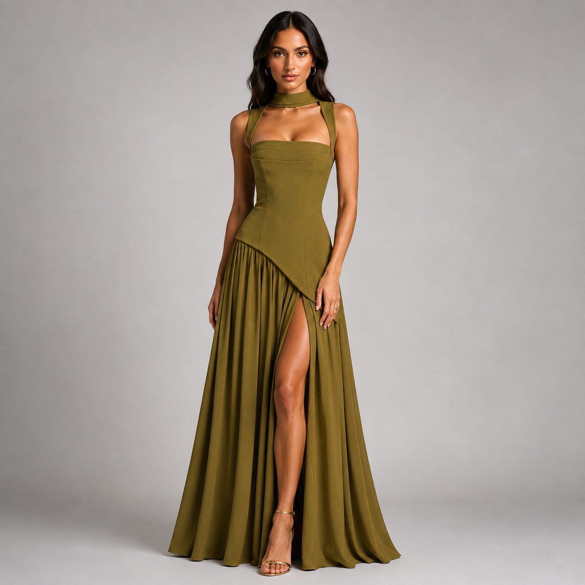 Women's Satin-Look Maxi Dress – Draped Skirt & Side Slit