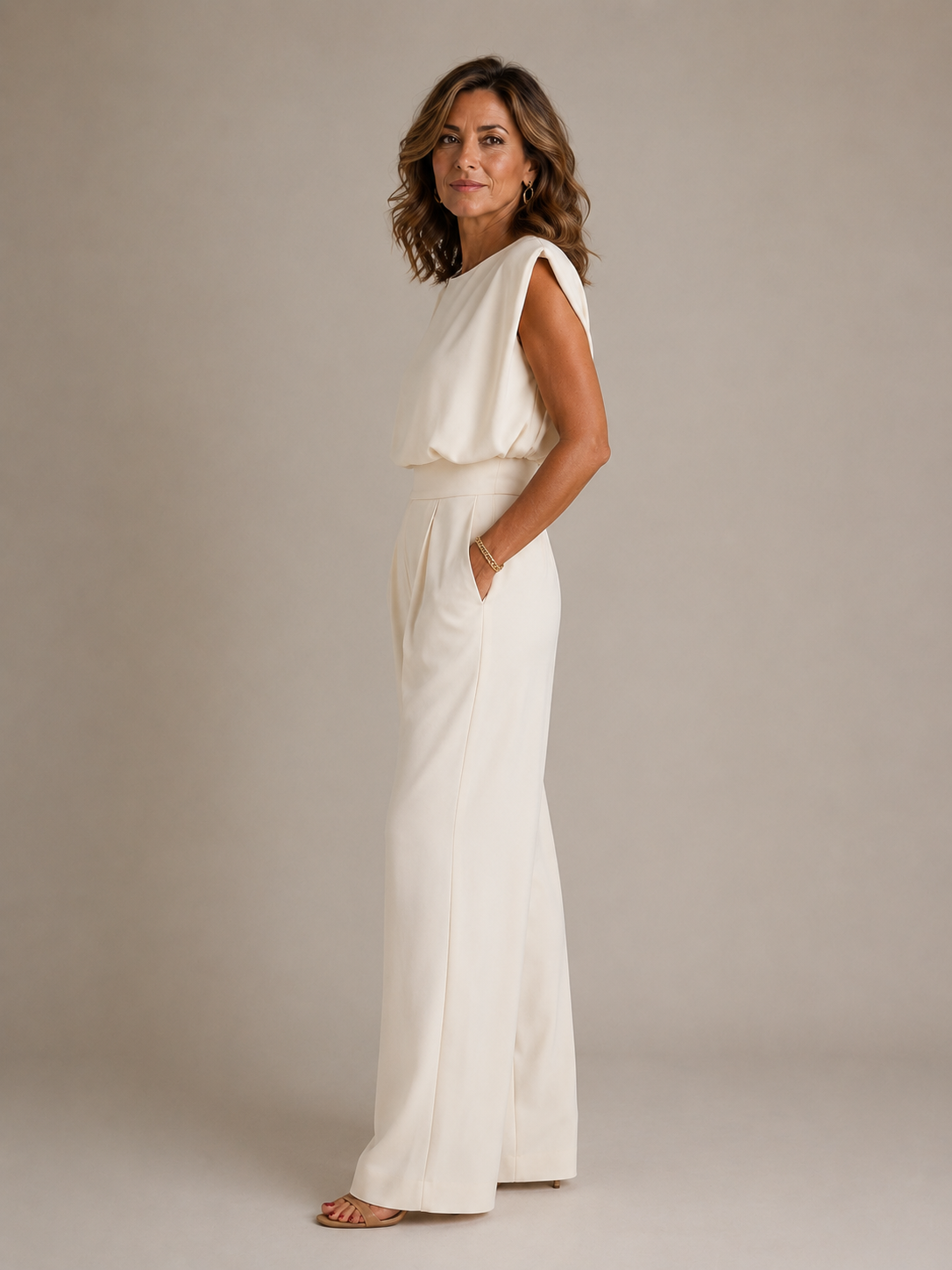 Women's Sleeveless Wide Leg Jumpsuit – Pleated Casual Design