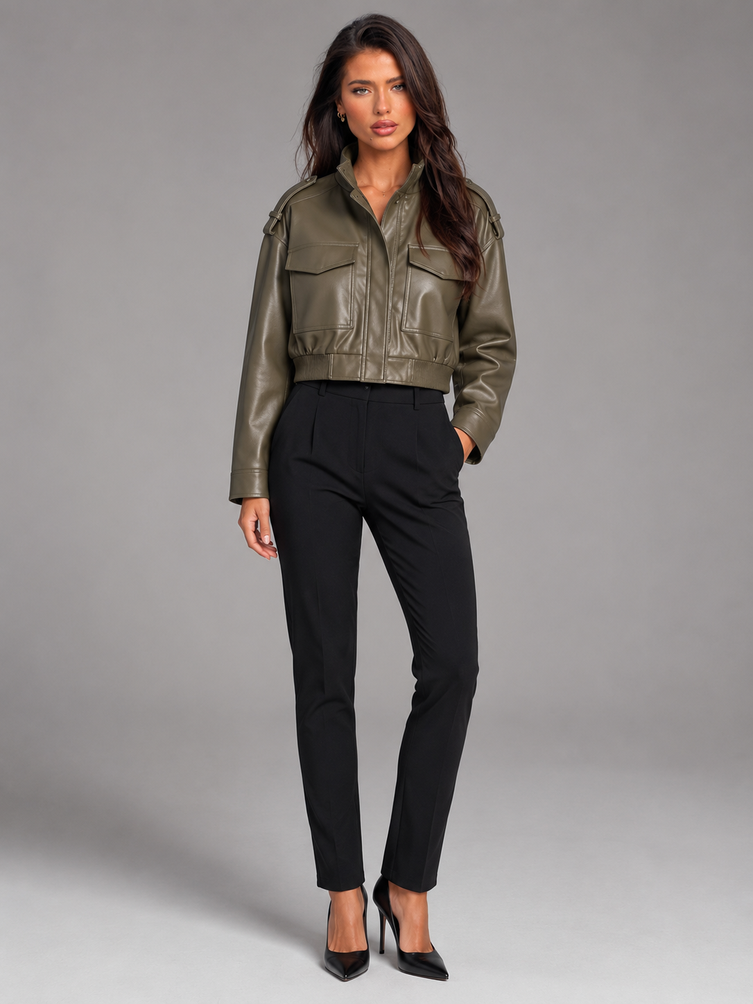Short Utility Jacket in Synthetic Leather for Women