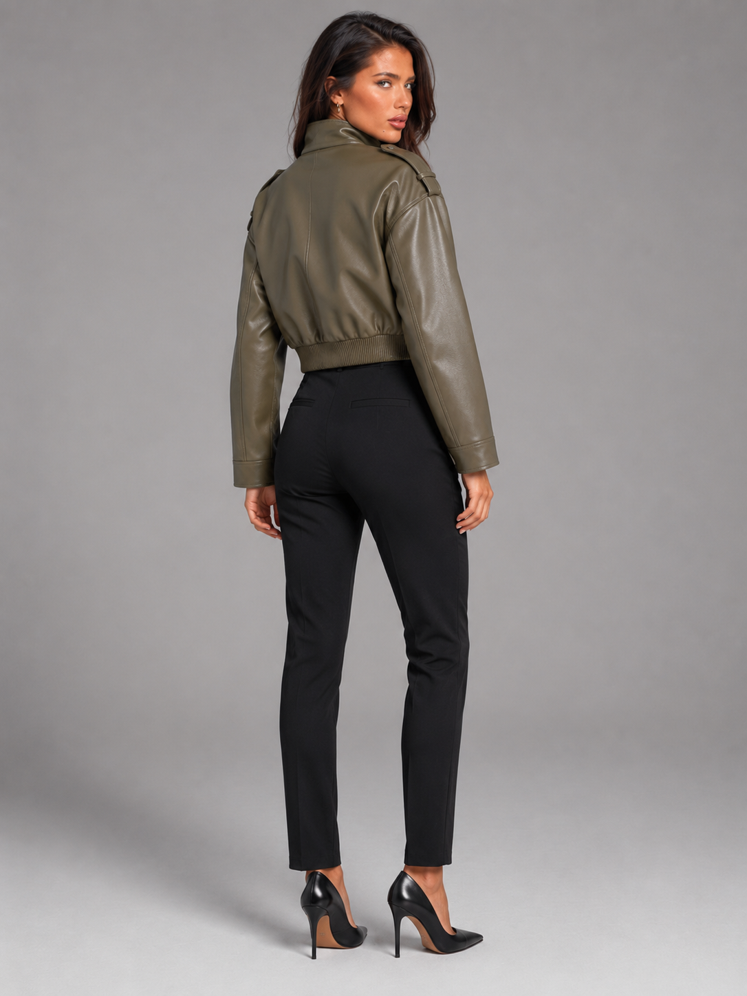 Short Utility Jacket in Synthetic Leather for Women