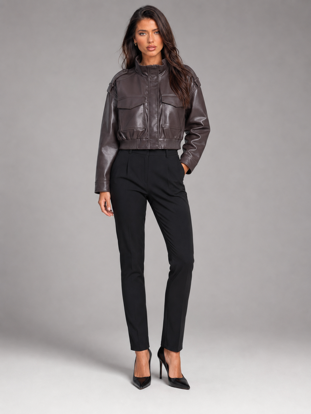 Short Utility Jacket in Synthetic Leather for Women