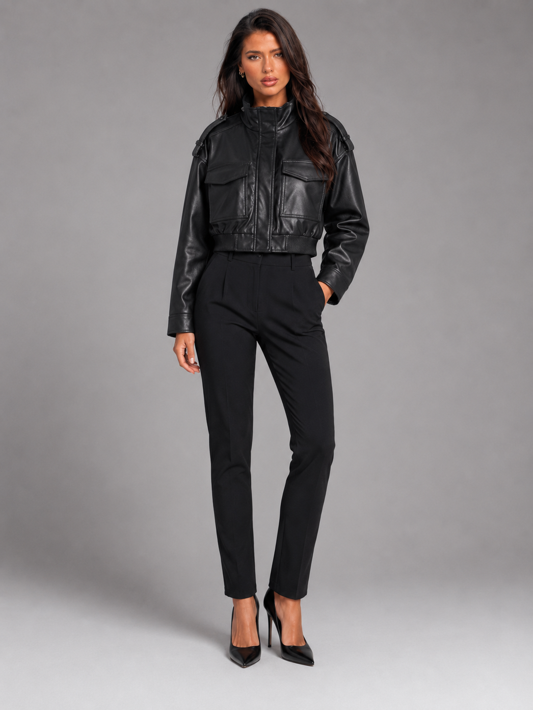 Short Utility Jacket in Synthetic Leather for Women