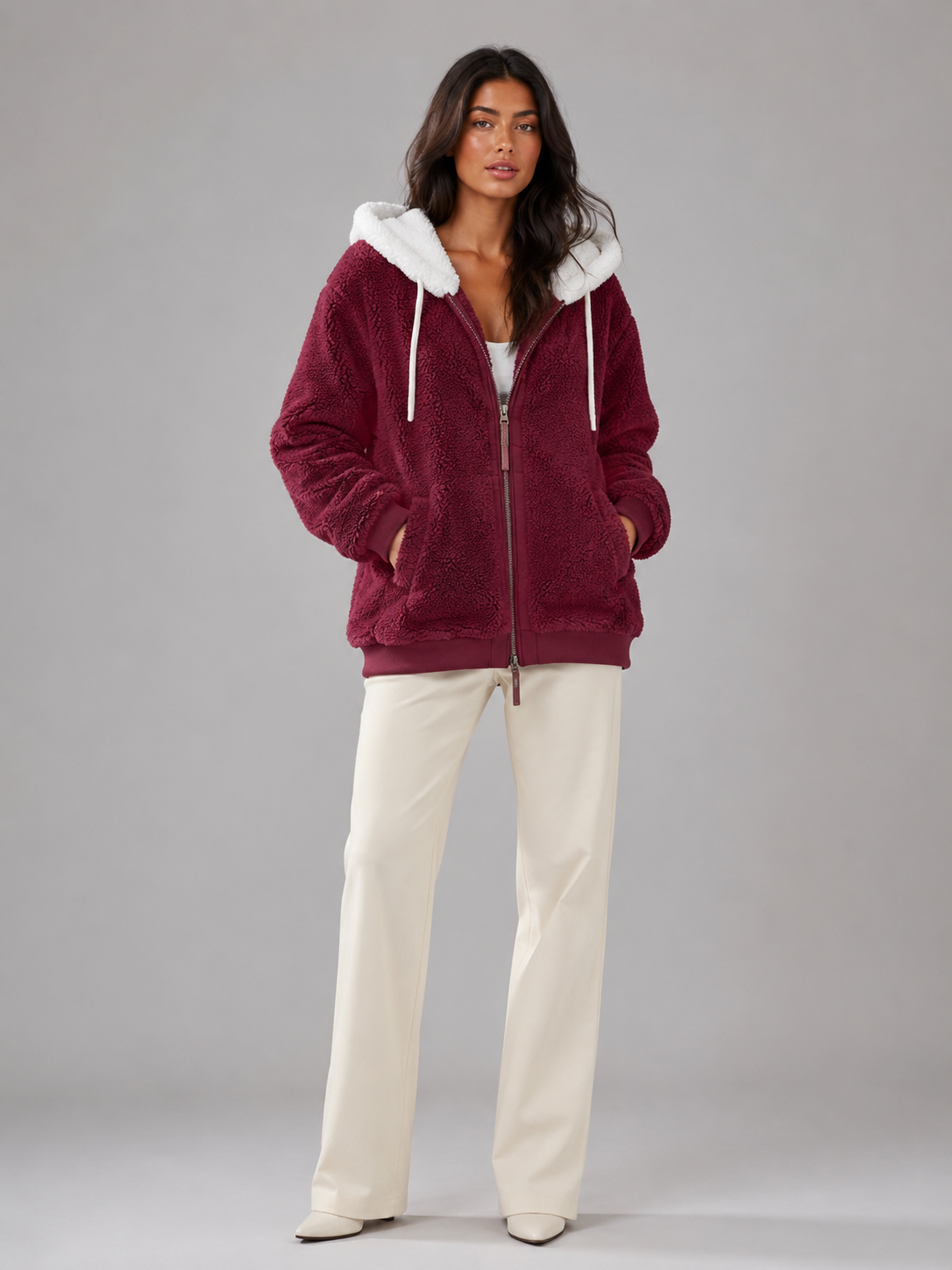 Padded Hooded Jacket with Sherpa Lining for Women