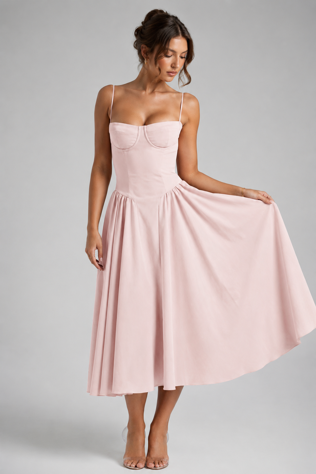 Women’s Corset Midi Dress with Full Skirt & Adjustable Lace-Up Back - Sculpted Fit