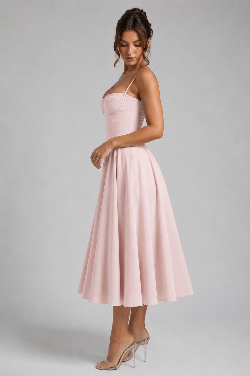 Women’s Corset Midi Dress with Full Skirt & Adjustable Lace-Up Back - Sculpted Fit