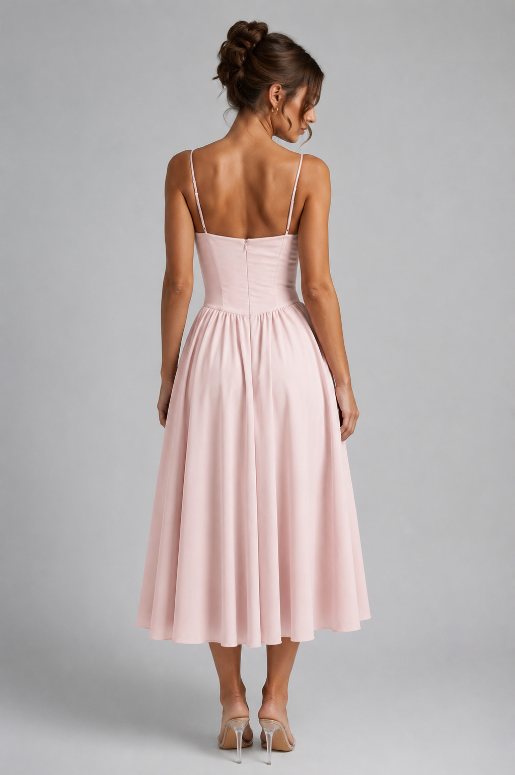 Women’s Corset Midi Dress with Full Skirt & Adjustable Lace-Up Back - Sculpted Fit