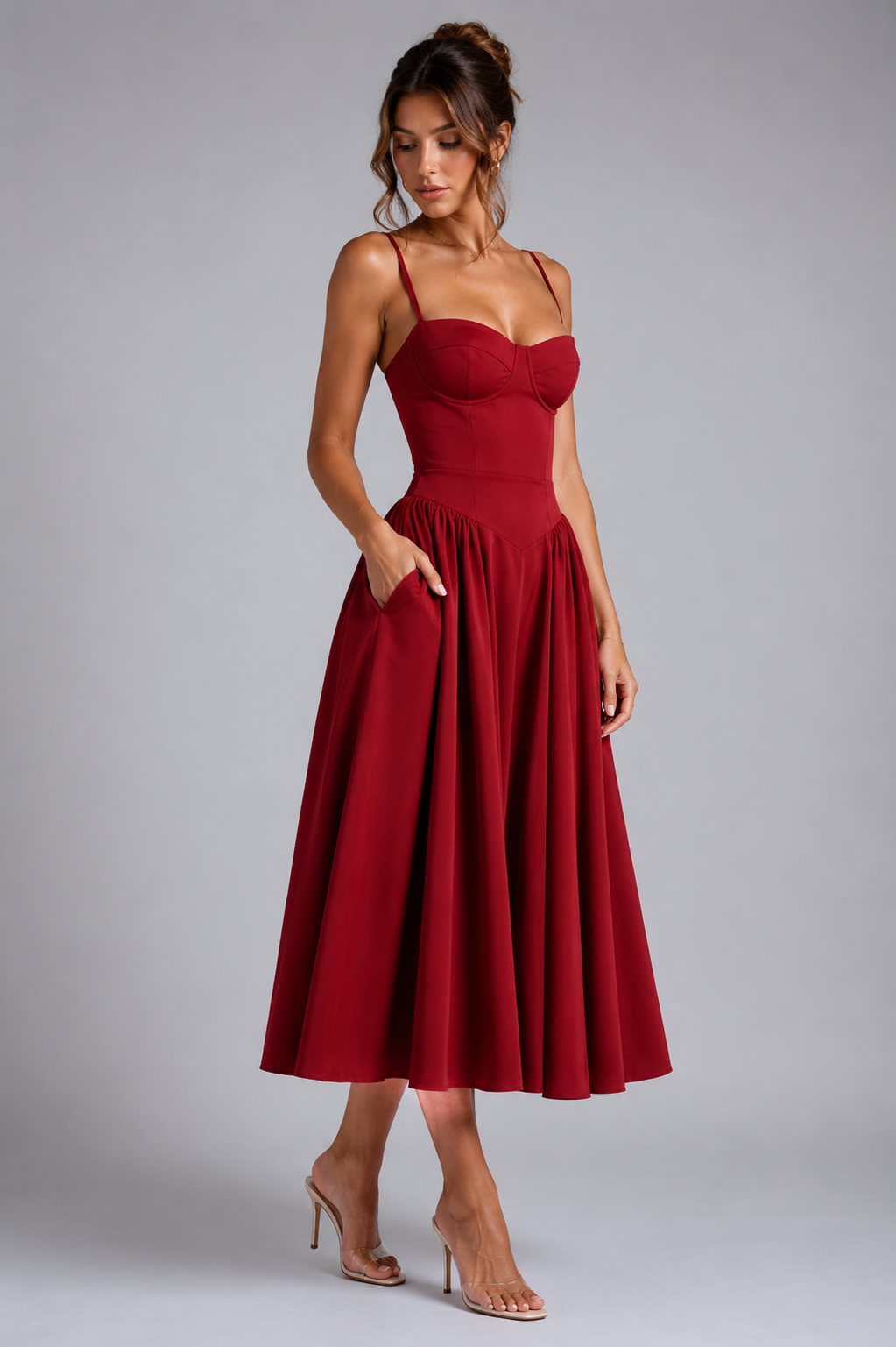 Women’s Corset Midi Dress with Full Skirt & Adjustable Lace-Up Back - Sculpted Fit