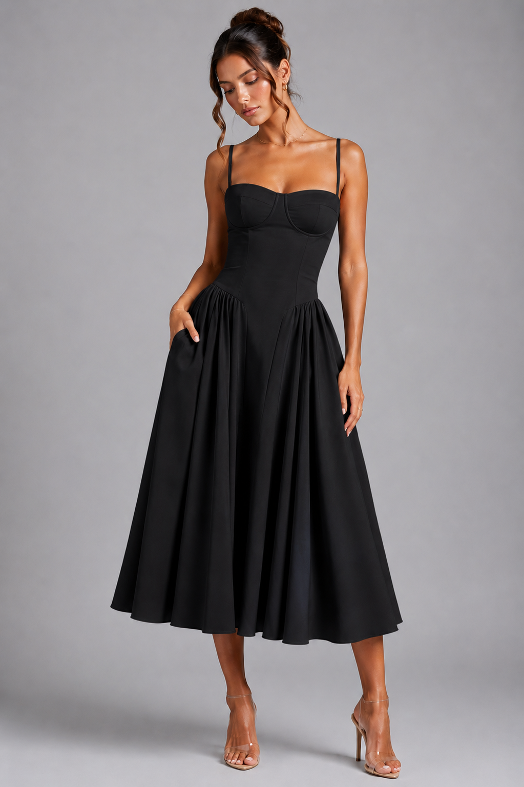Women’s Corset Midi Dress with Full Skirt & Adjustable Lace-Up Back - Sculpted Fit