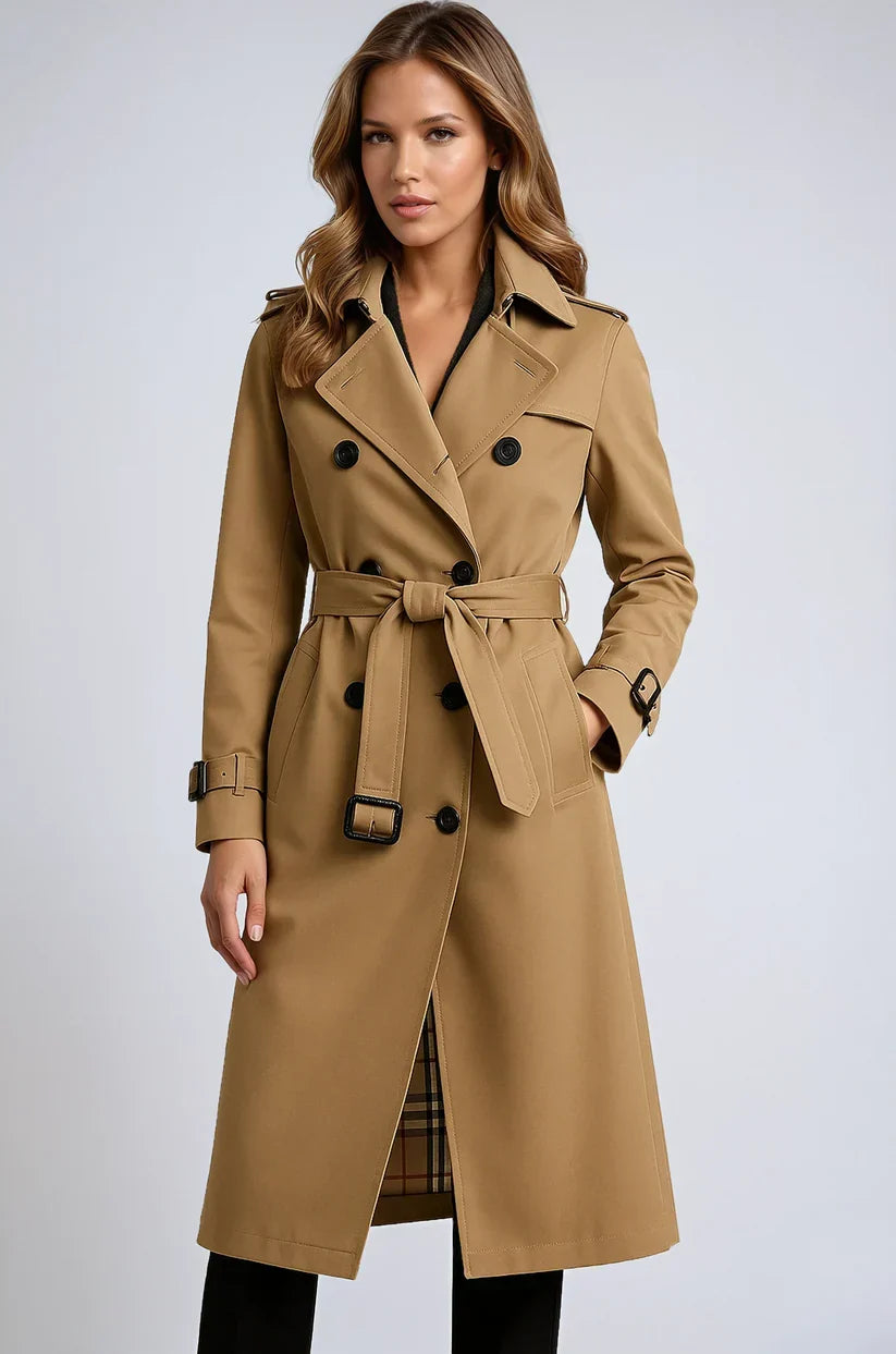 Women's Long Double-Breasted Trench Coat - Classic Tailored Style