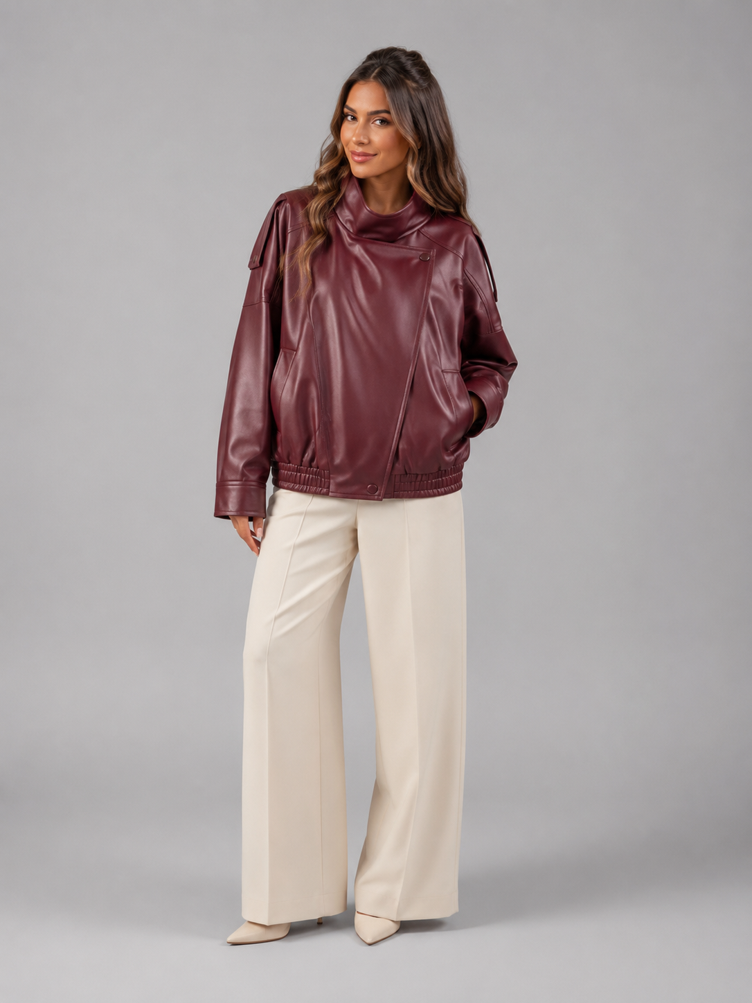 Women's Faux Leather Bomber Jacket for Autumn