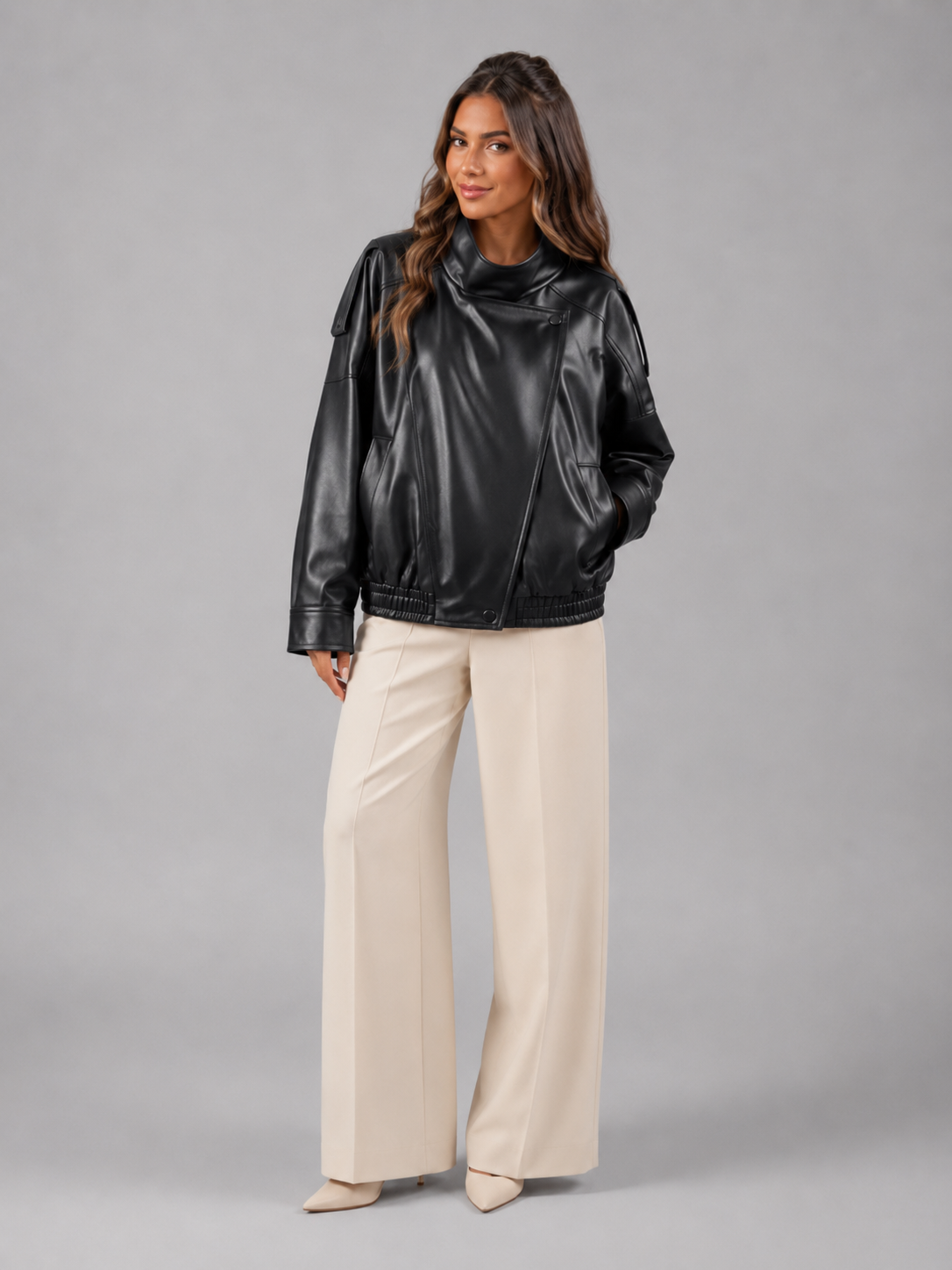 Women's Faux Leather Bomber Jacket for Autumn