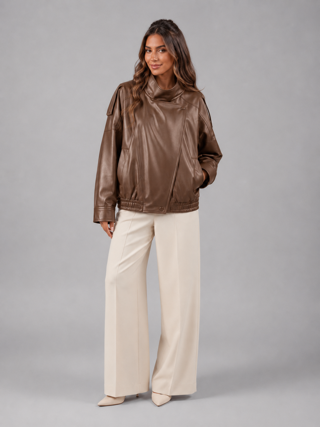 Women's Faux Leather Bomber Jacket for Autumn