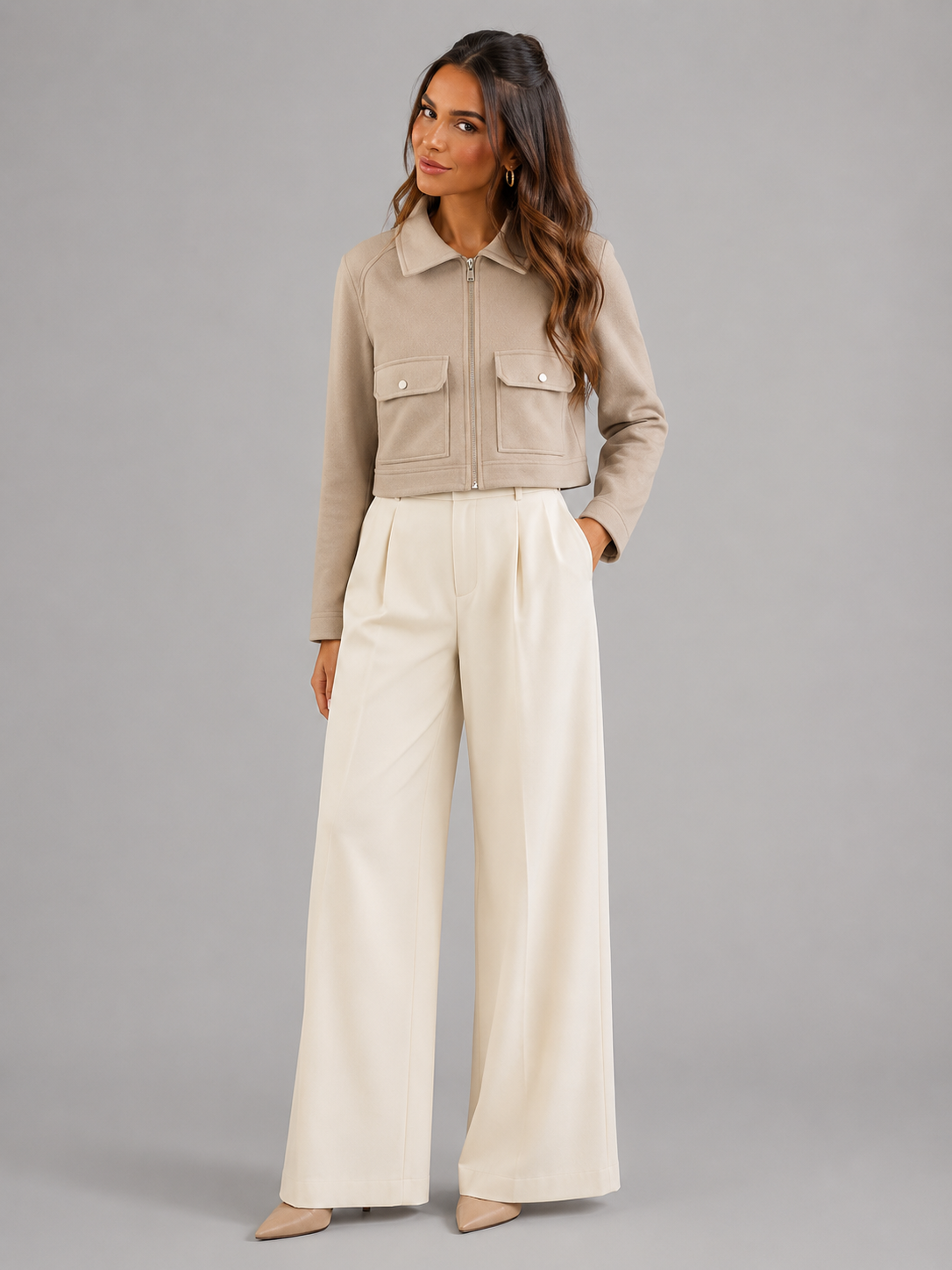 Women's Cropped Synthetic Leather Utility Jacket for Autumn