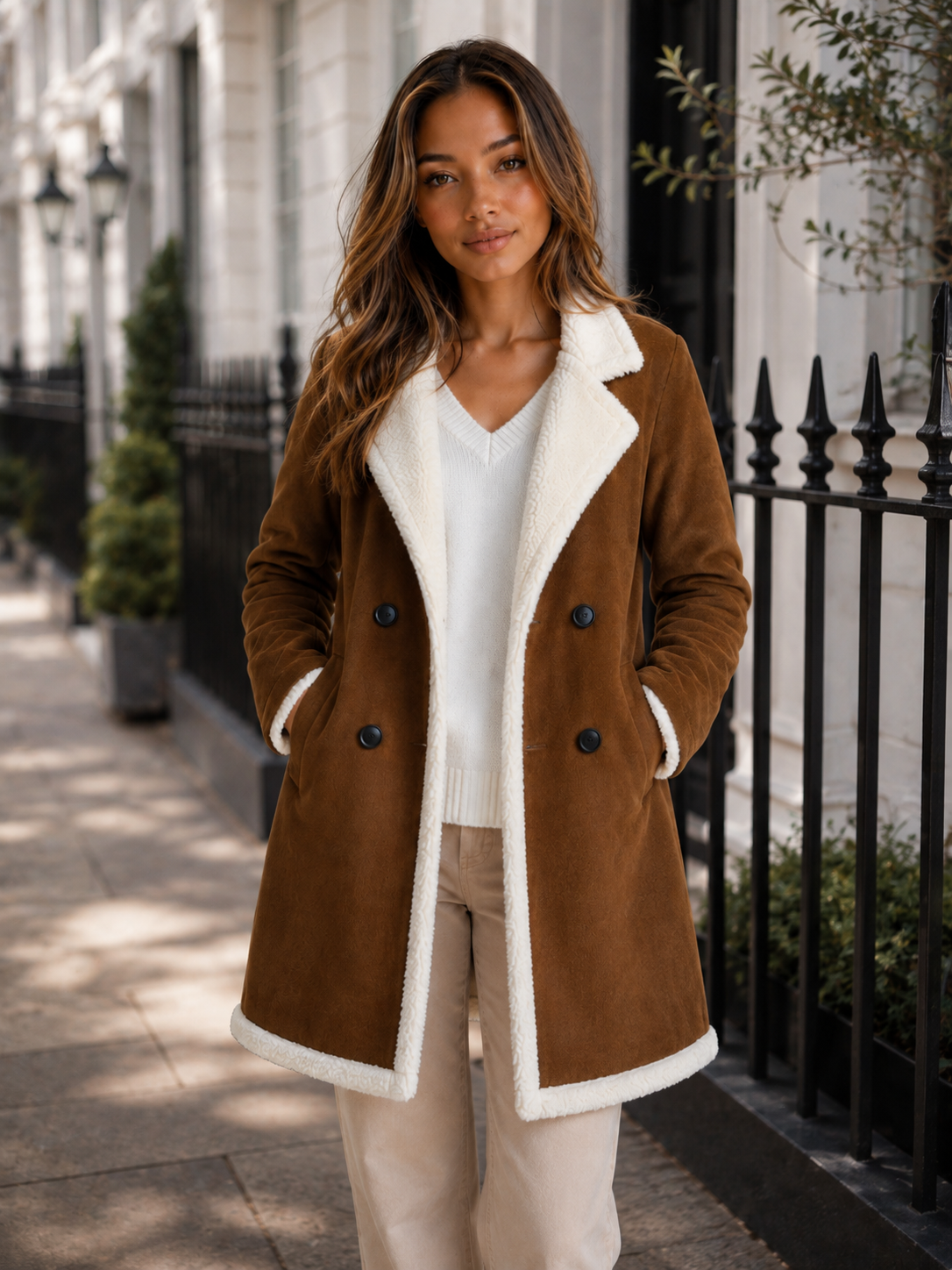 Women’s Suede Look Shearling Coat – Longline Teddy Trim Jacket