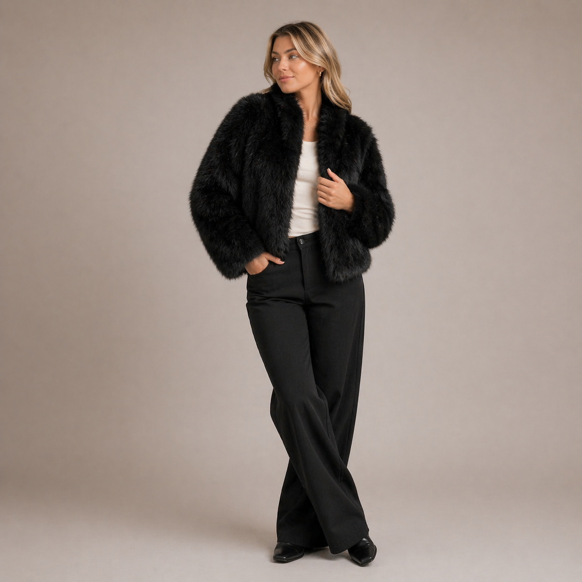 Women’s Faux Fur Jacket – Soft Short Coat with Round Neck