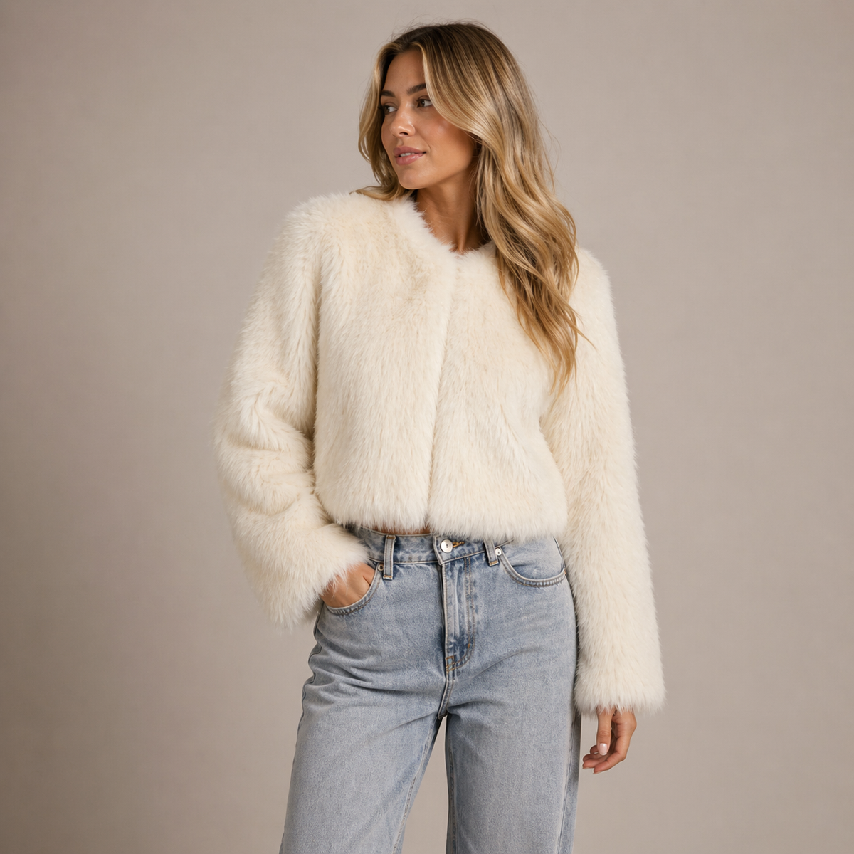Women’s Faux Fur Jacket – Soft Short Coat with Round Neck