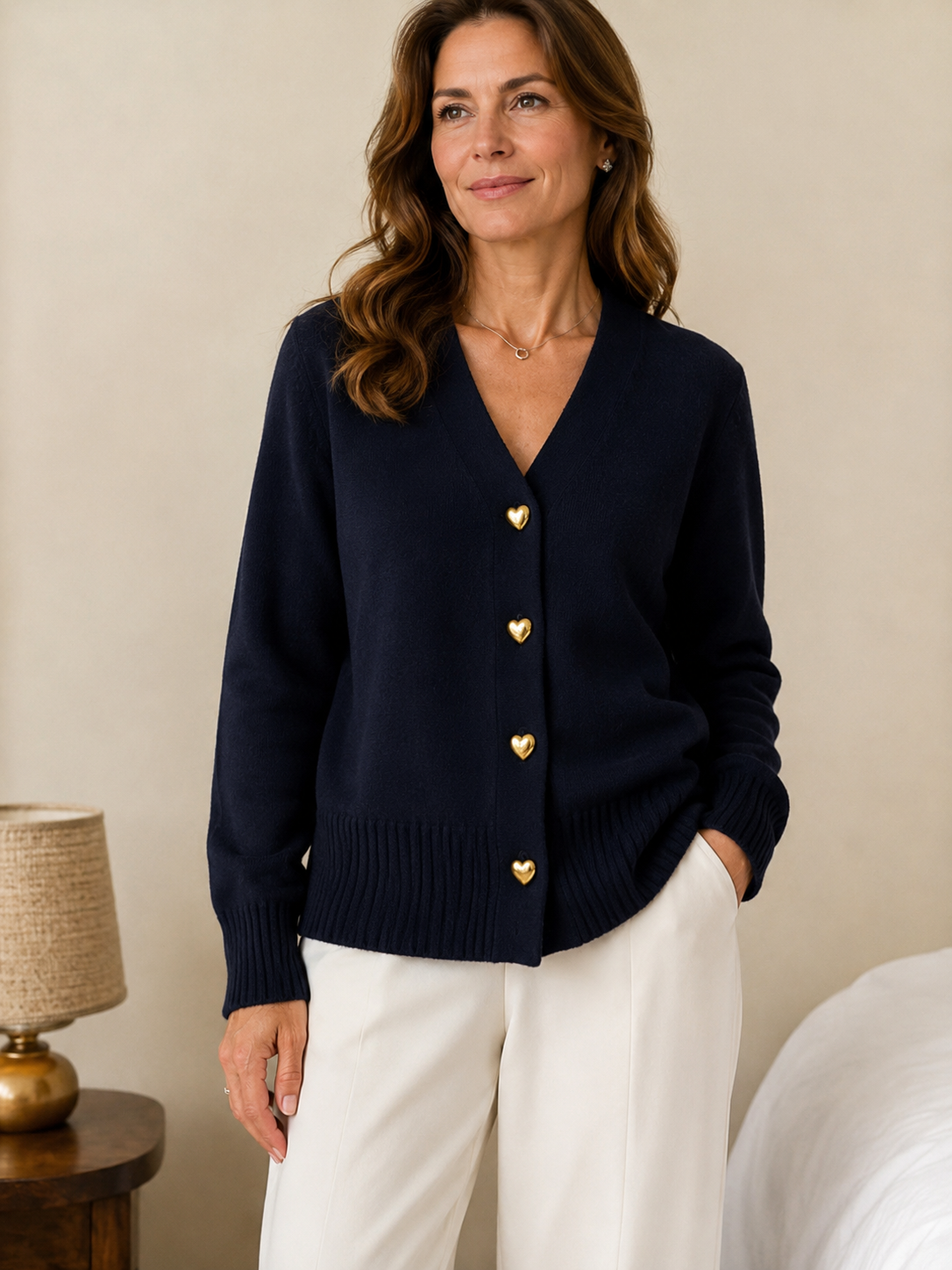 Women’s V-Neck Knitted Cardigan – Heart Button Relaxed Fit