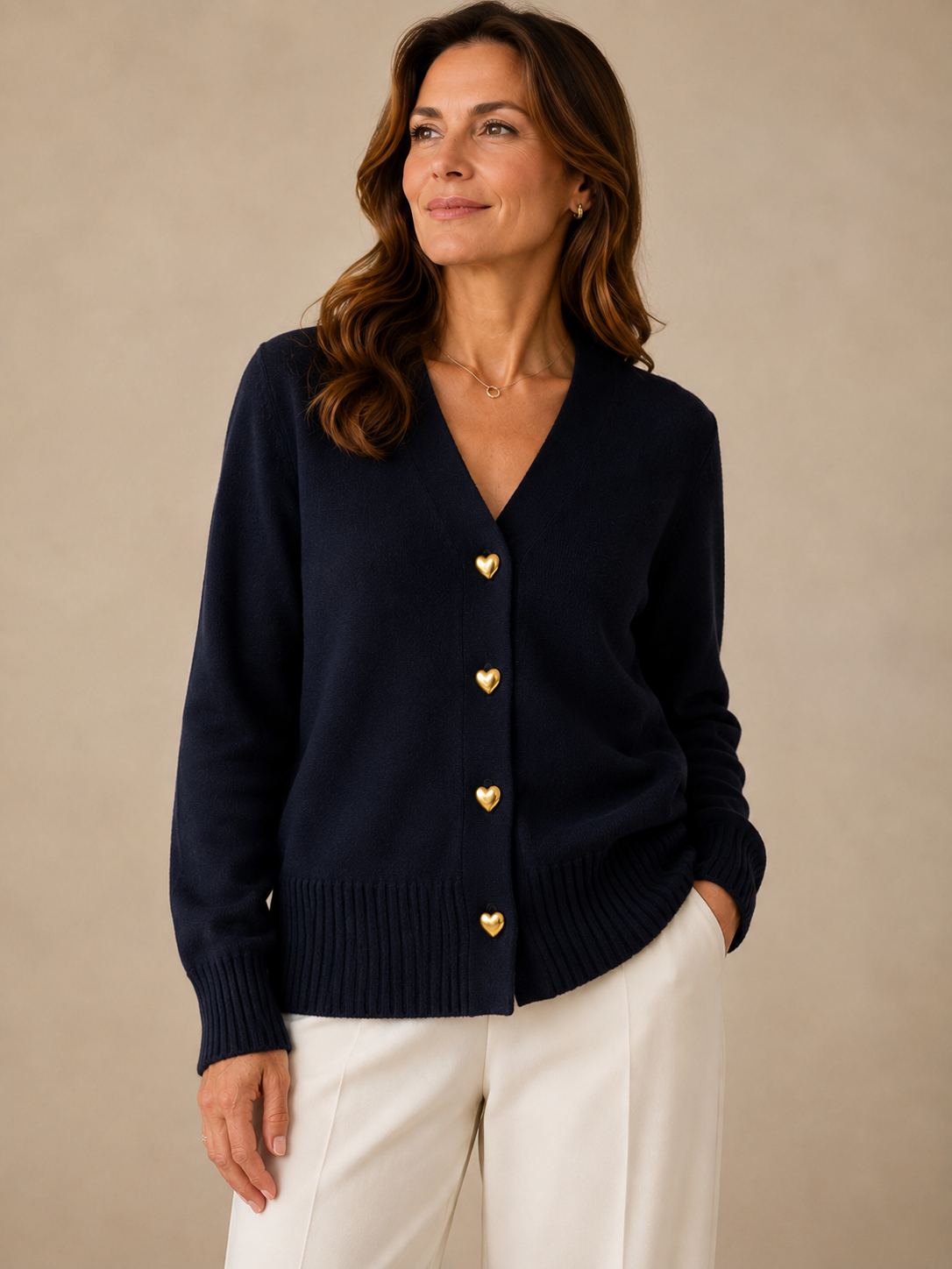 Women’s V-Neck Knitted Cardigan – Heart Button Relaxed Fit