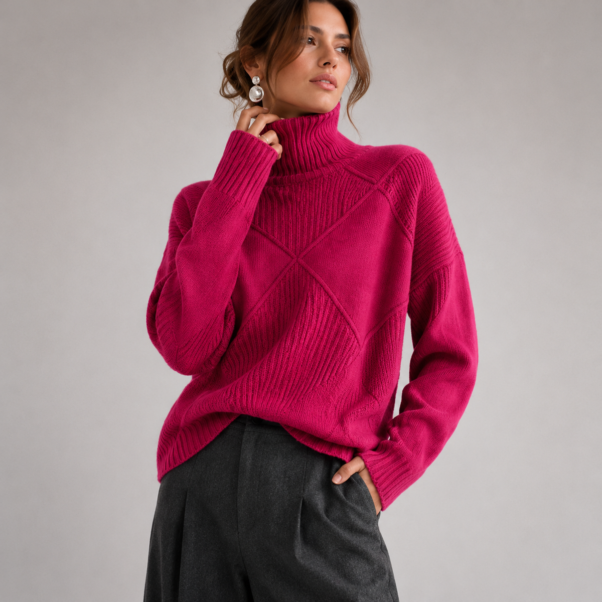 Women’s Turtleneck Knit Jumper – Geometric Textured Design