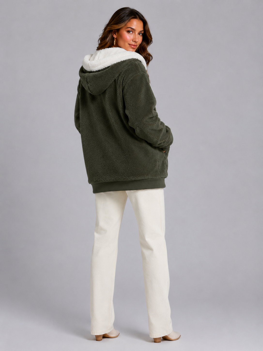 Padded Hooded Jacket with Sherpa Lining for Women