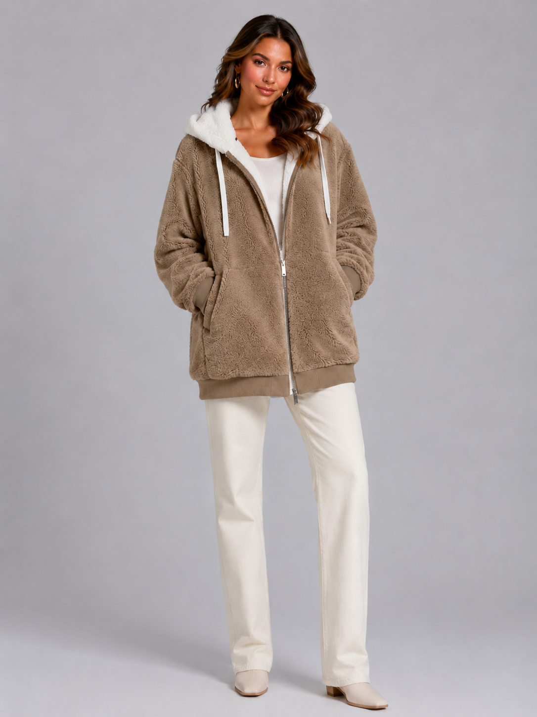 Padded Hooded Jacket with Sherpa Lining for Women