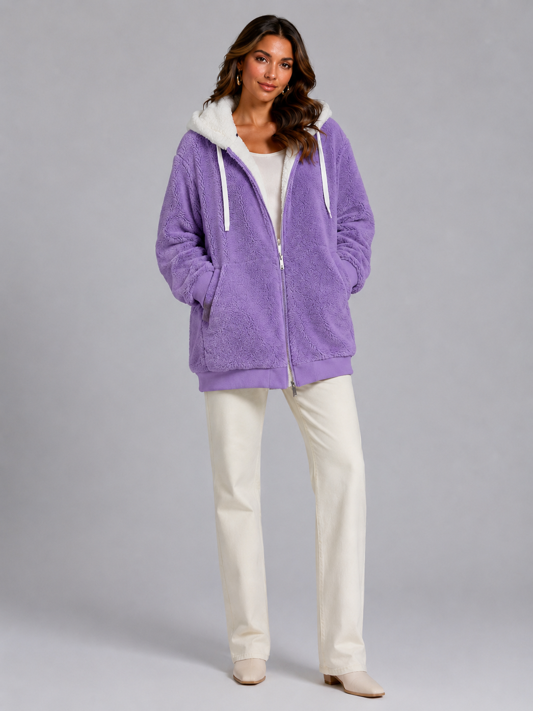 Padded Hooded Jacket with Sherpa Lining for Women