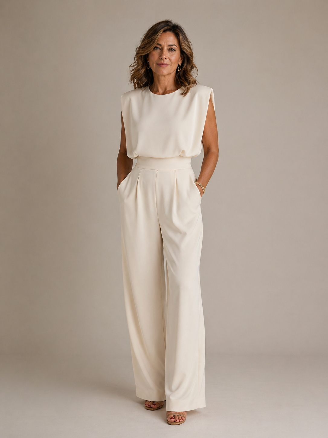 Women's Sleeveless Wide Leg Jumpsuit – Pleated Casual Design