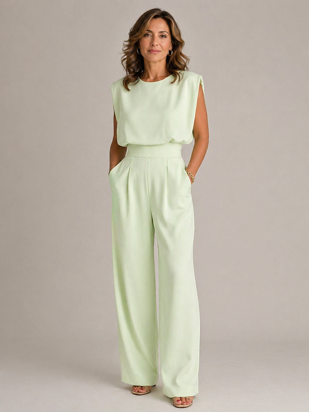 Women's Sleeveless Wide Leg Jumpsuit – Pleated Casual Design