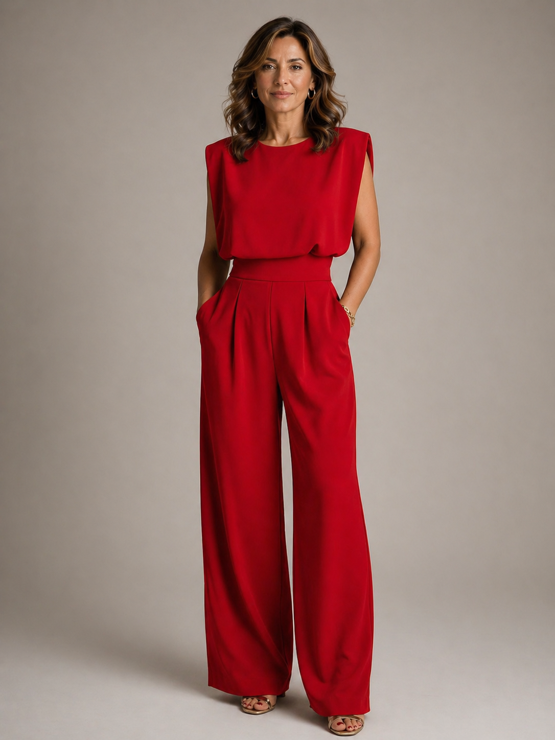Women's Sleeveless Wide Leg Jumpsuit – Pleated Casual Design