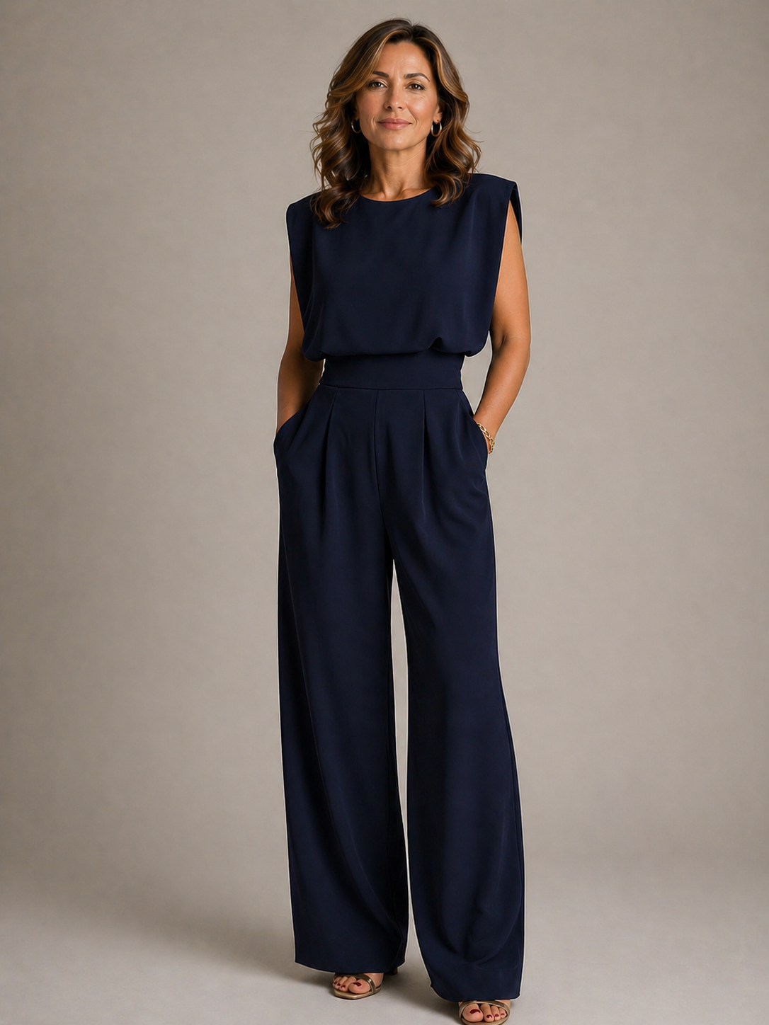 Women's Sleeveless Wide Leg Jumpsuit – Pleated Casual Design