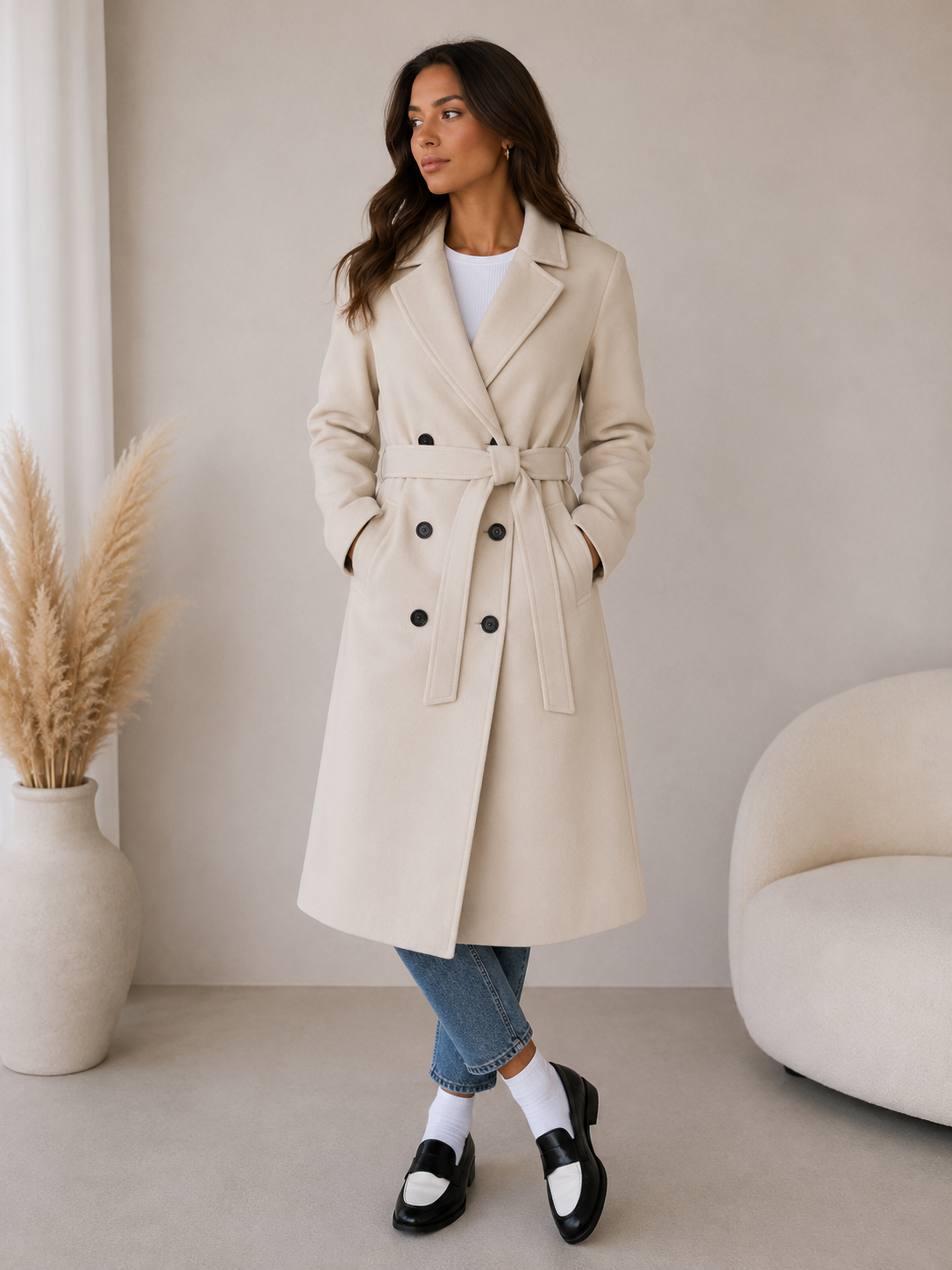 Women's Double-Breasted Longline Coat – Notch Lapel Tailored Style