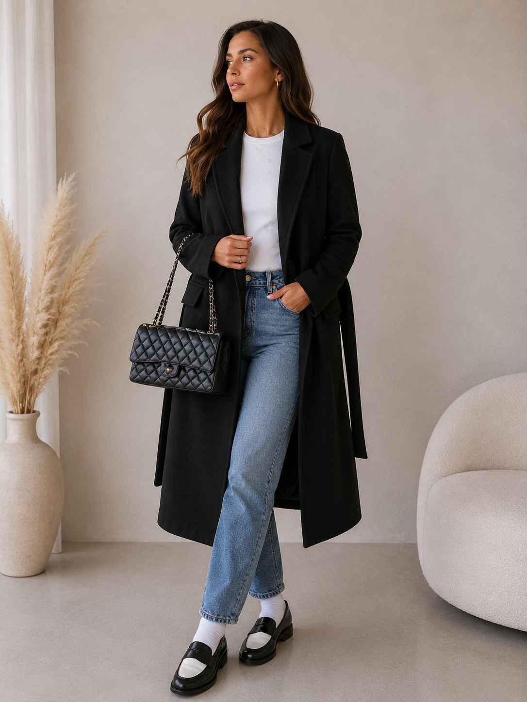Women's Double-Breasted Longline Coat – Notch Lapel Tailored Style