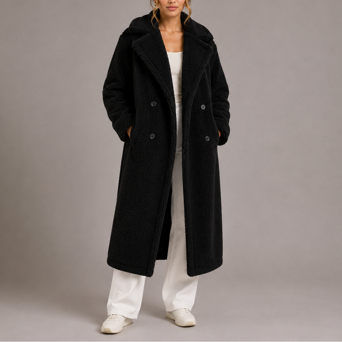 Women's Teddy Coat | Long Double-Breasted Faux Fur Winter Coat