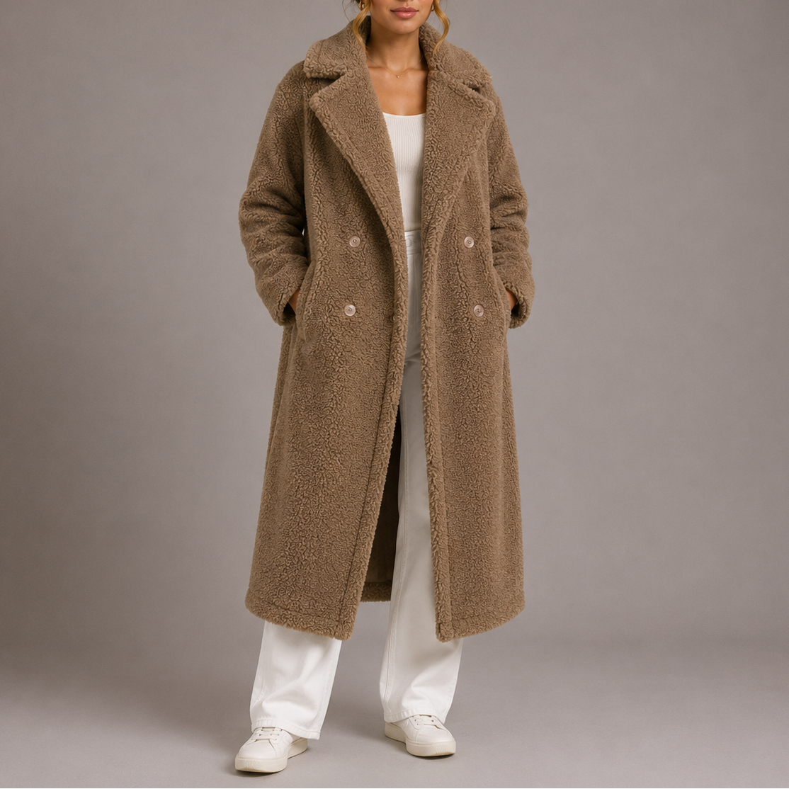 Women's Teddy Coat | Long Double-Breasted Faux Fur Winter Coat