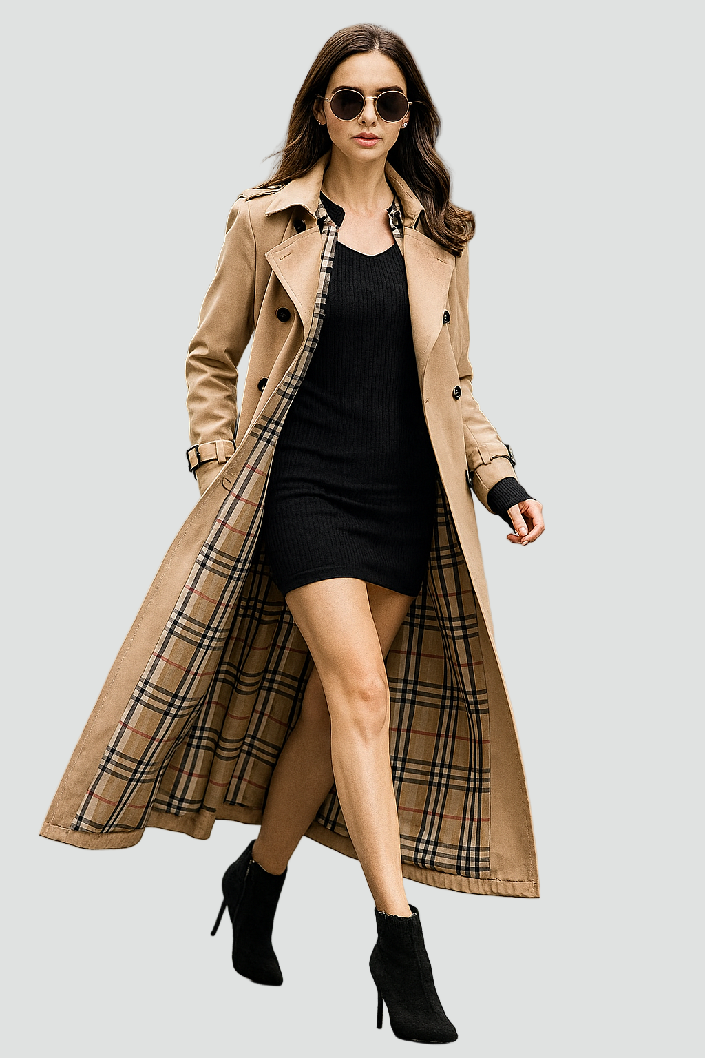Women's Long Double-Breasted Trench Coat - Classic Tailored Style