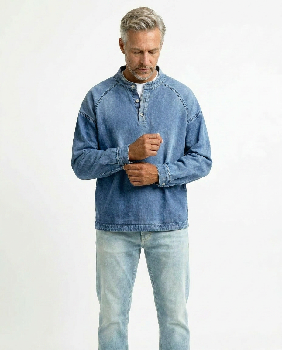 Men’s Vintage Henley Long Sleeve Shirt – Relaxed Faded Look