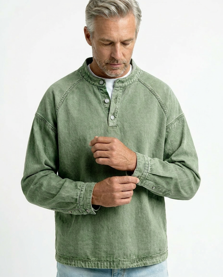 Men’s Vintage Henley Long Sleeve Shirt – Relaxed Faded Look