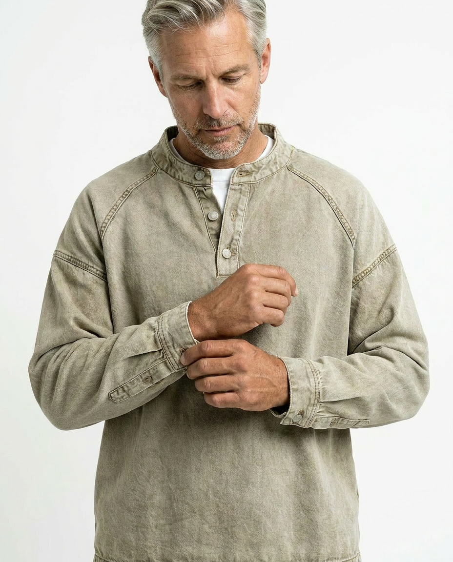 Men’s Vintage Henley Long Sleeve Shirt – Relaxed Faded Look