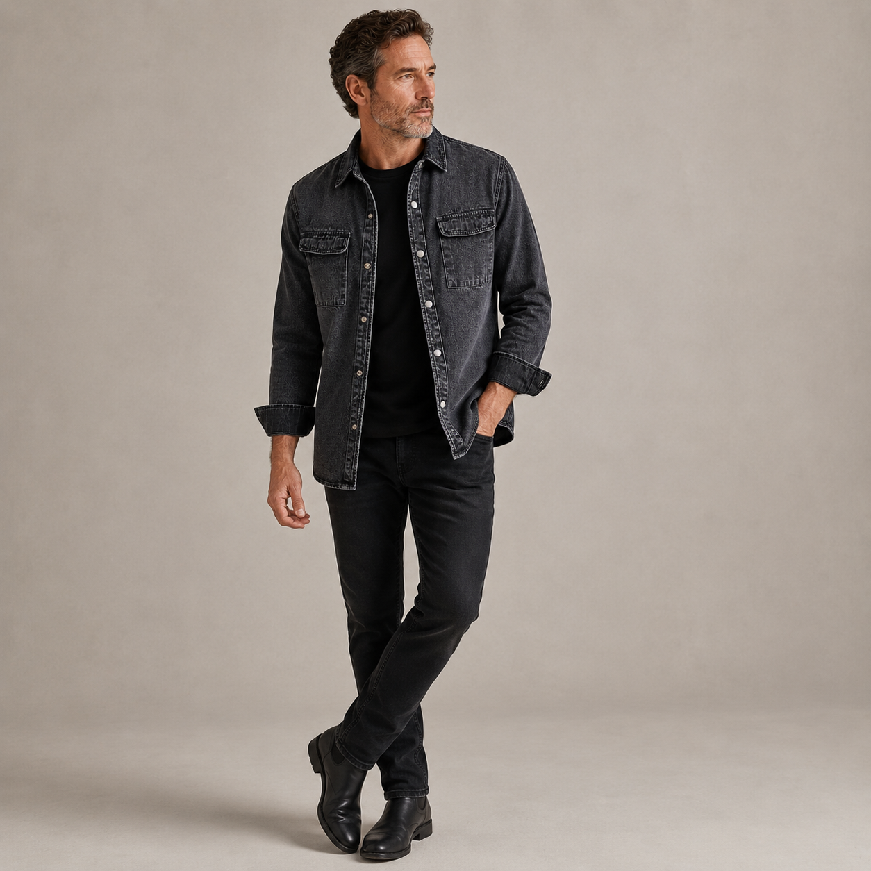 Men's Washed Denim Shirt - Long-Sleeve Button-Down Style