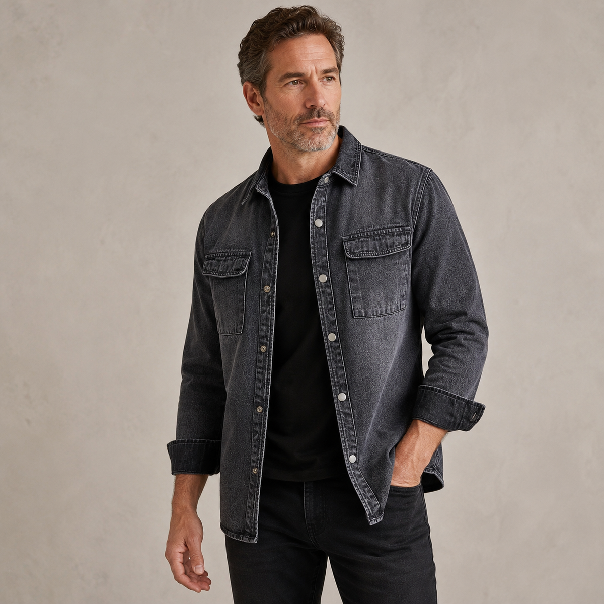 Men's Washed Denim Shirt - Long-Sleeve Button-Down Style
